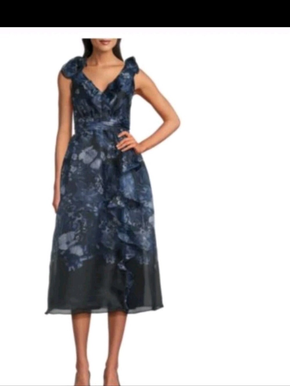 Maggy London Navy Floral Ruffle Midi Dress